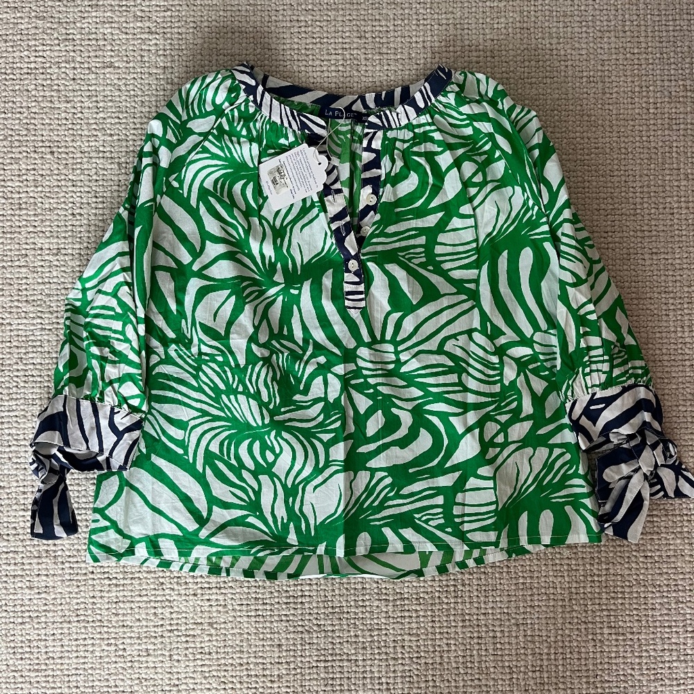La Plage Women’s Popover in Green/White Tropical Print